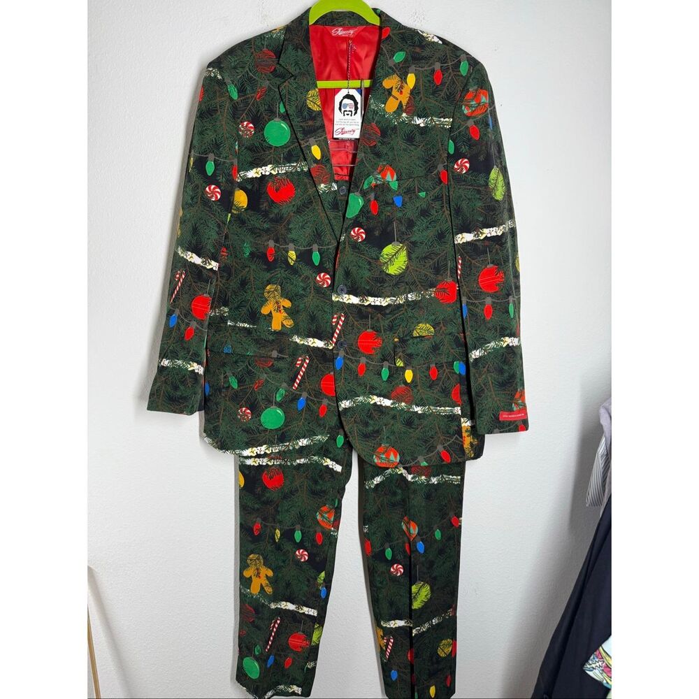 Shinesty Christmas Tree Camo Suit Jacket 46 Pants 36/34 NYE ugly Funny Sweater